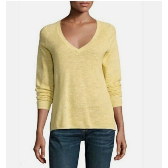 Eileen Fisher Linen Waffle Sweater XL V Neck Yellow Organic Boho Lagenlook - Picture 1 of 6